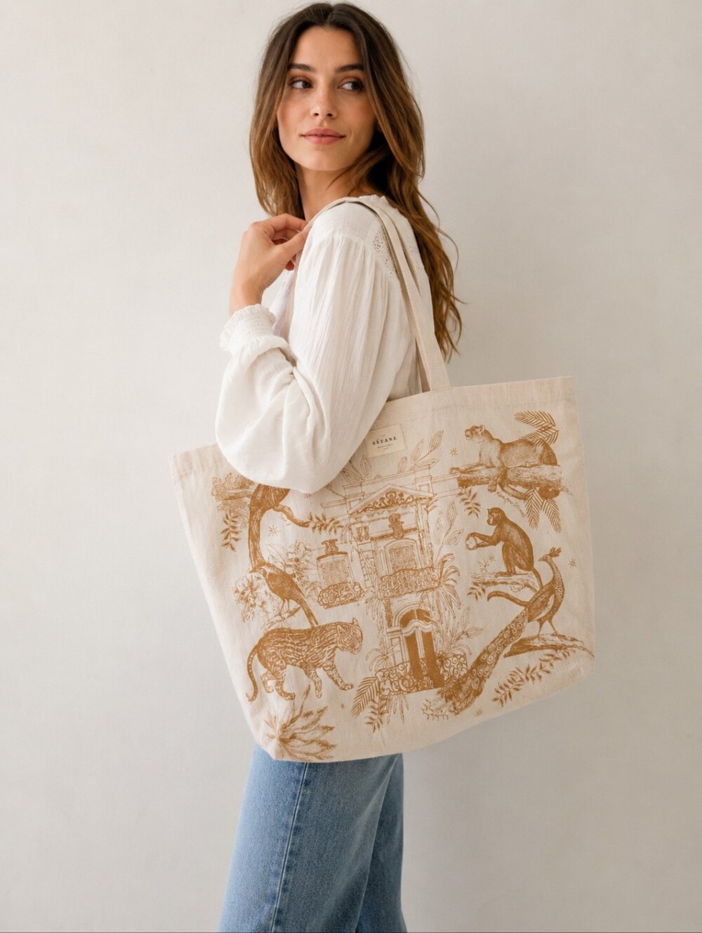 Sézane Illustrated Animal & Parisian House Canvas Tote Bag Neutral Beige